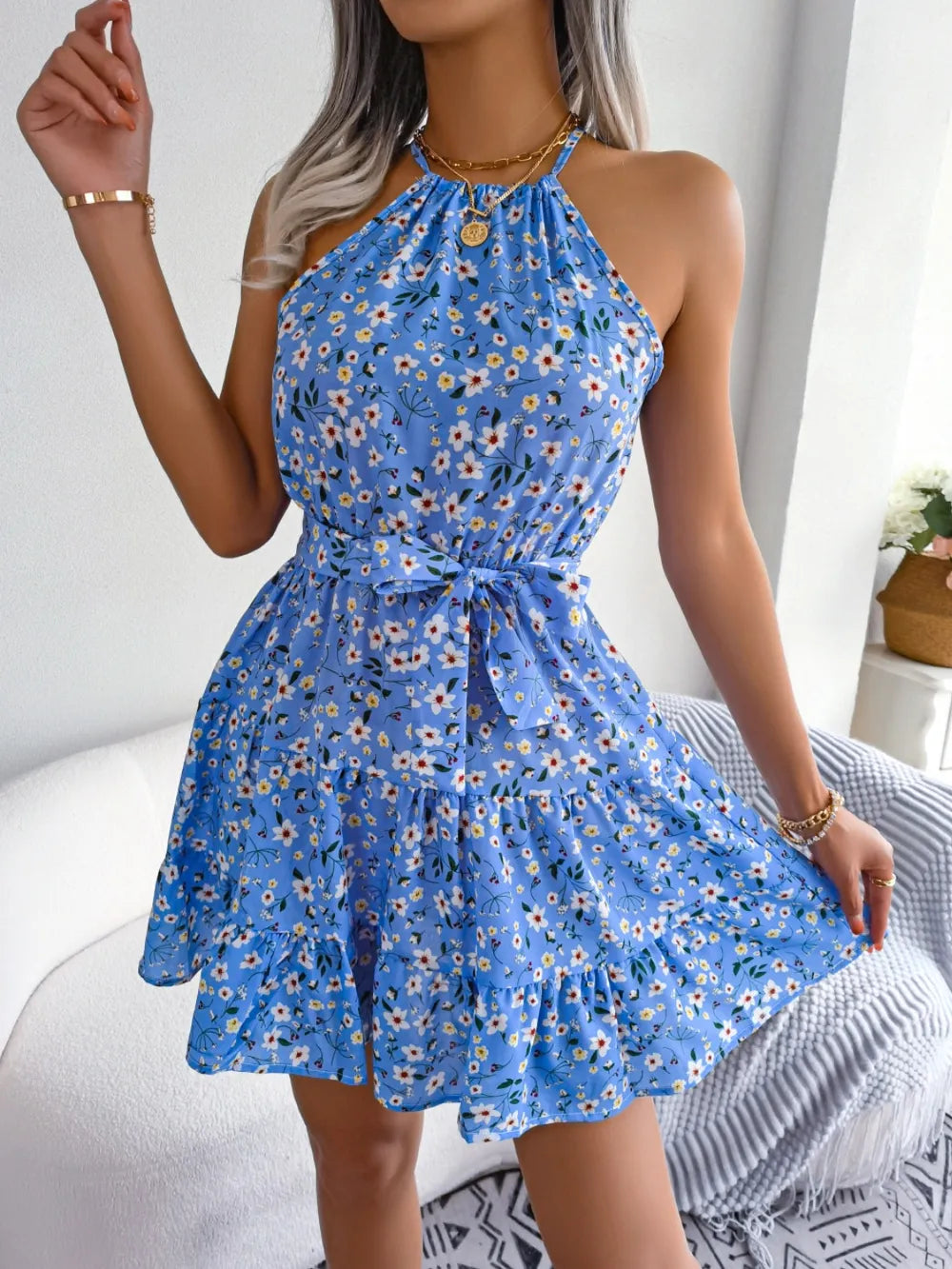 Tied Printed Grecian Neck Mini Dress - Blushé Belle