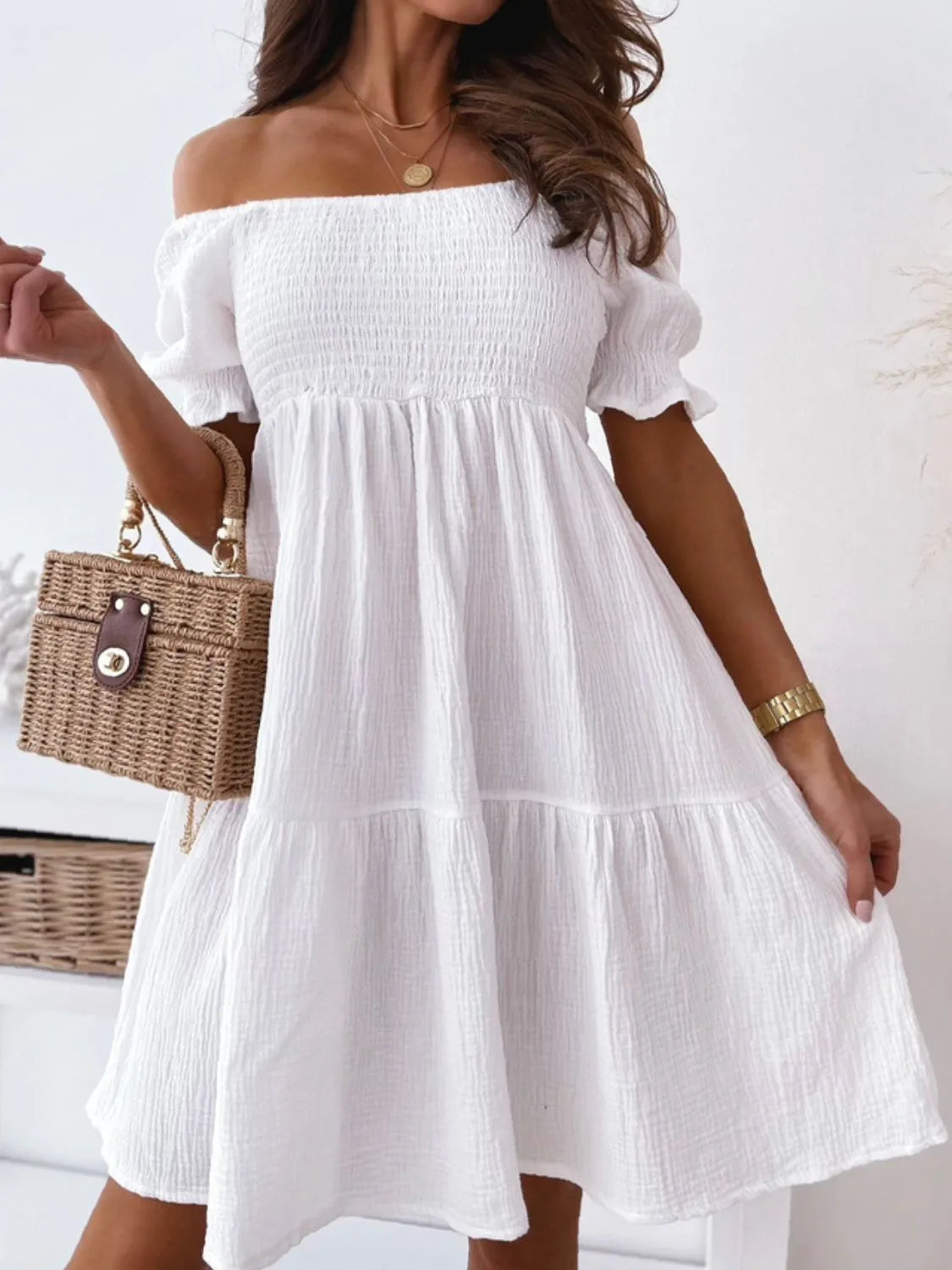 Smocked Off-Shoulder Mini Dress - Blushé Belle