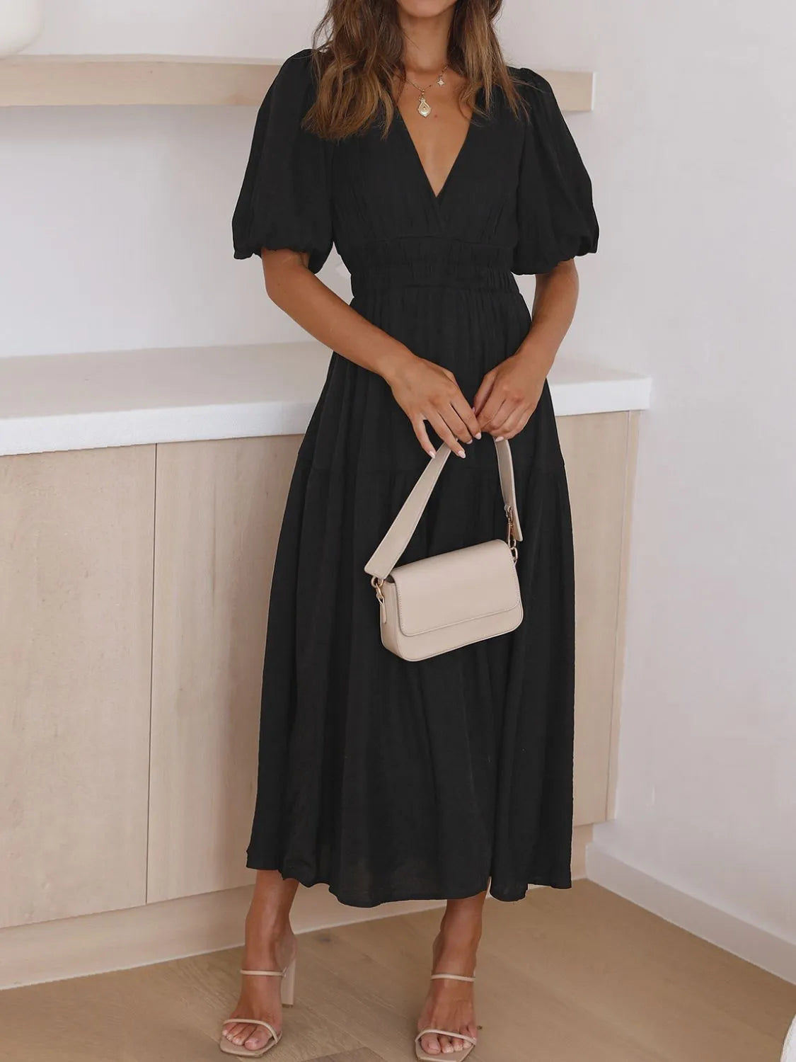 V-Neck Puff Sleeve Midi Dress - Blushé Belle