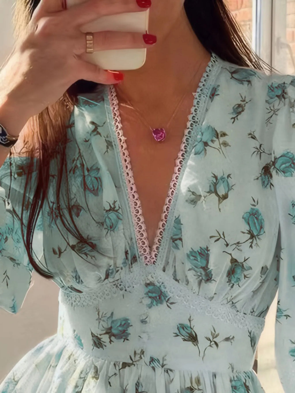 Full Size Floral Print Lace Detail V-Neck Mini Dress Plus SIze - Blushé Belle