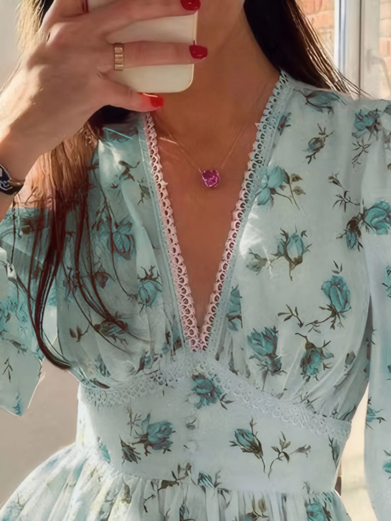 Full Size Floral Print Lace Detail V-Neck Mini Dress Plus SIze - Blushé Belle