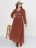 Plus Size Embroidered Tie Neck Long Sleeve Dress - Blushé Belle