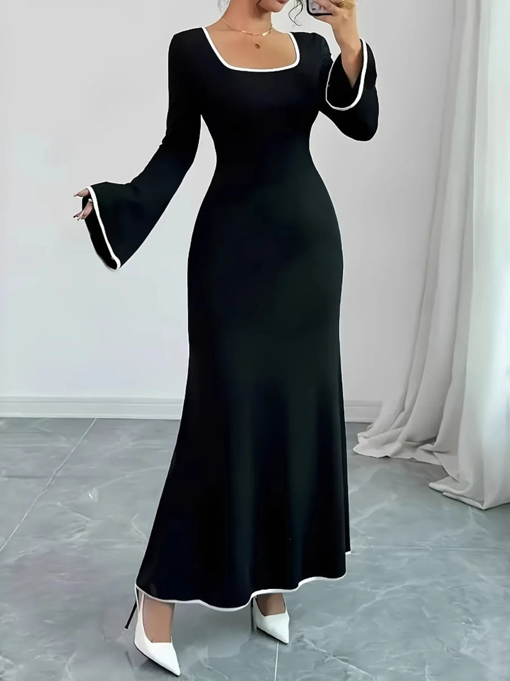 Plus Size Contrast Trim Square Neck Long Sleeve Maxi Dress - Blushé Belle