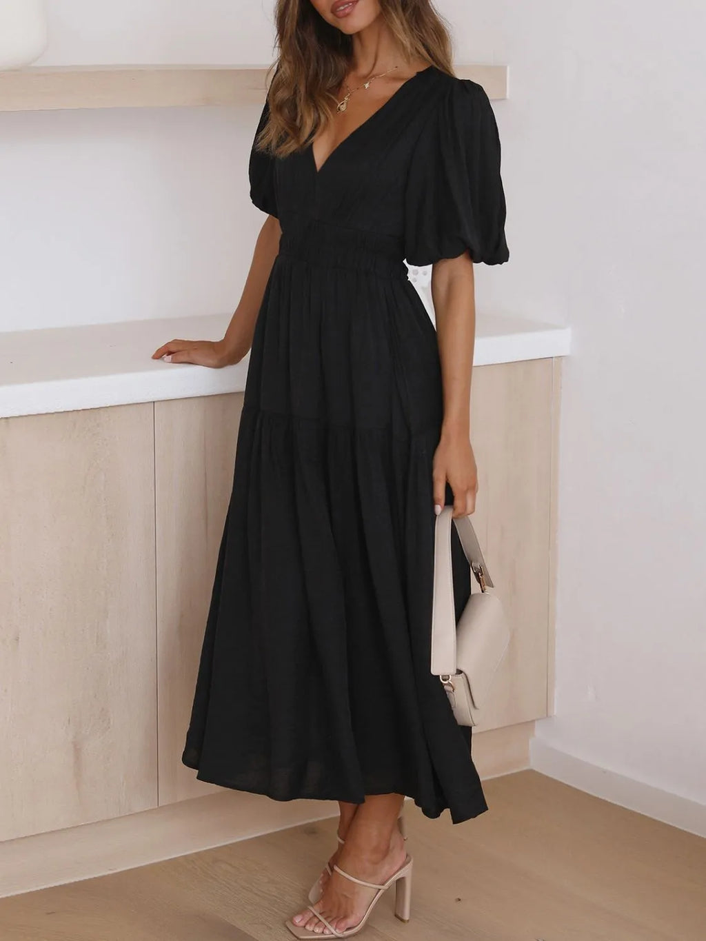 V-Neck Puff Sleeve Midi Dress - Blushé Belle