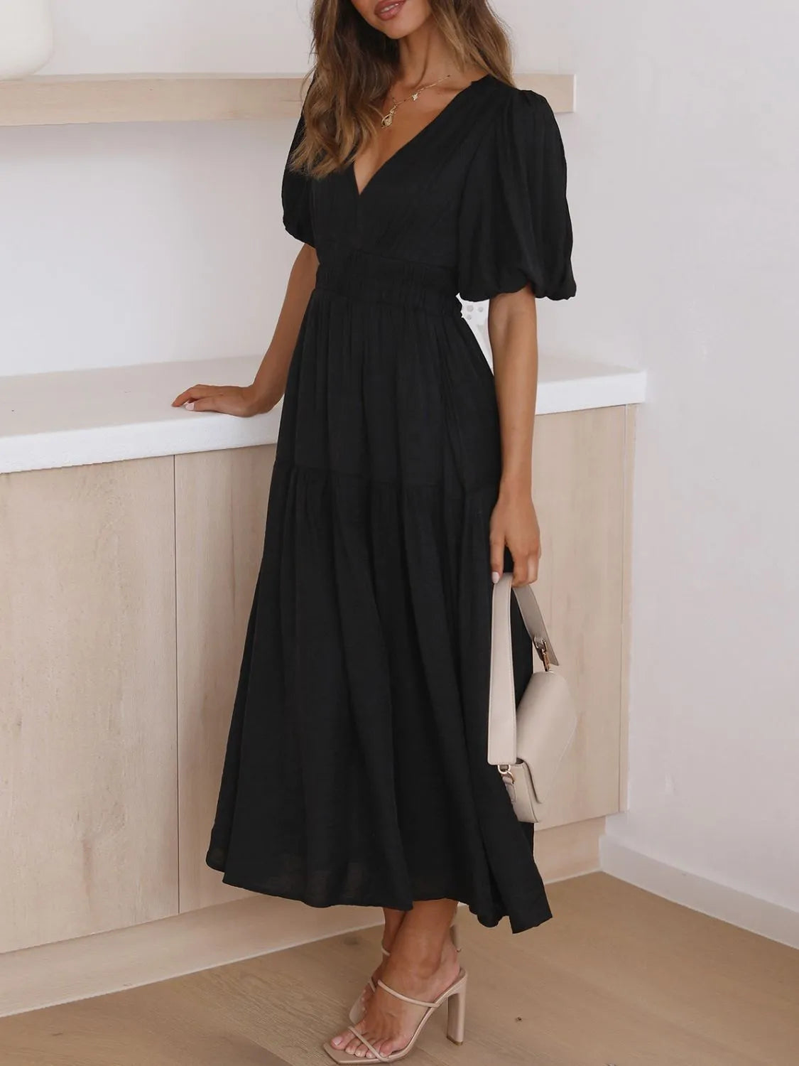 V-Neck Puff Sleeve Midi Dress - Blushé Belle