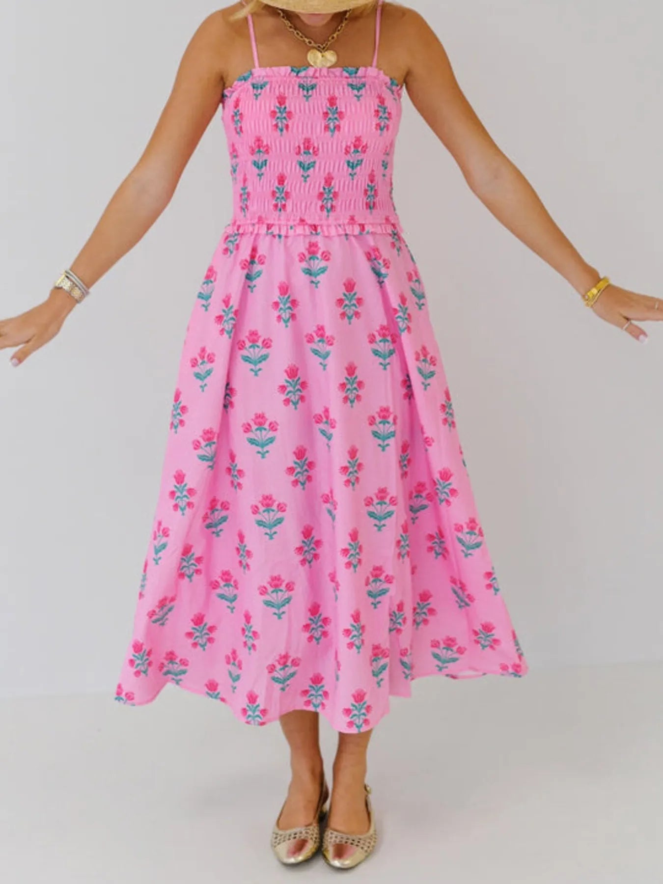 Floral Smocked Adjustable Strap Midi Cami Dress - Blushé Belle