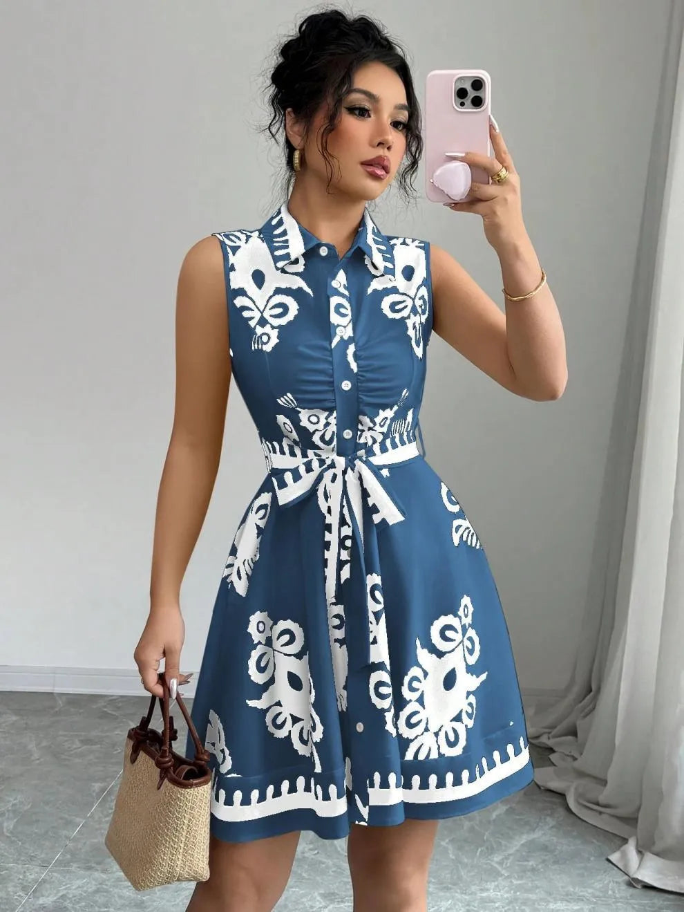 Printed Sleeveless Button Front Dress - Blushé Belle