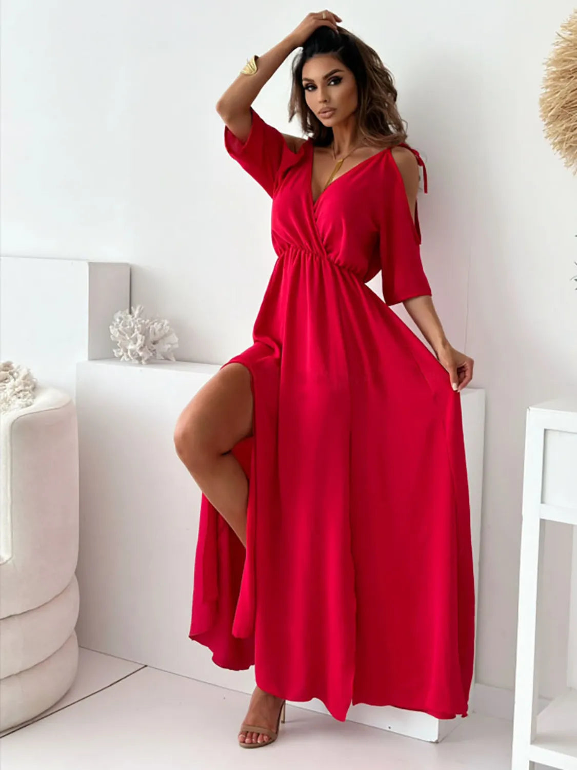 Tied Shoulder Slit Maxi Dress - Blushé Belle