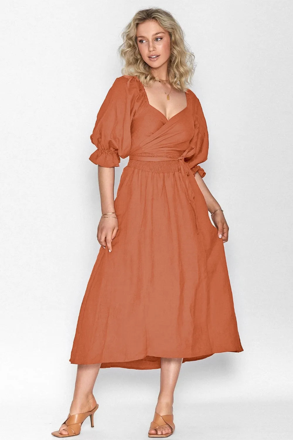Smocked Tied Flounce Sleeve Midi Dress - Blushé Belle
