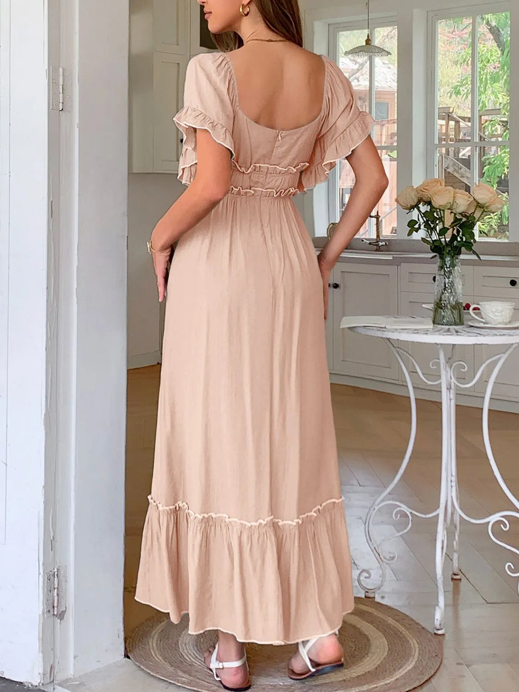 Square Neck Puff Sleeve Ruffle Trim Maxi Dress - Blushé Belle