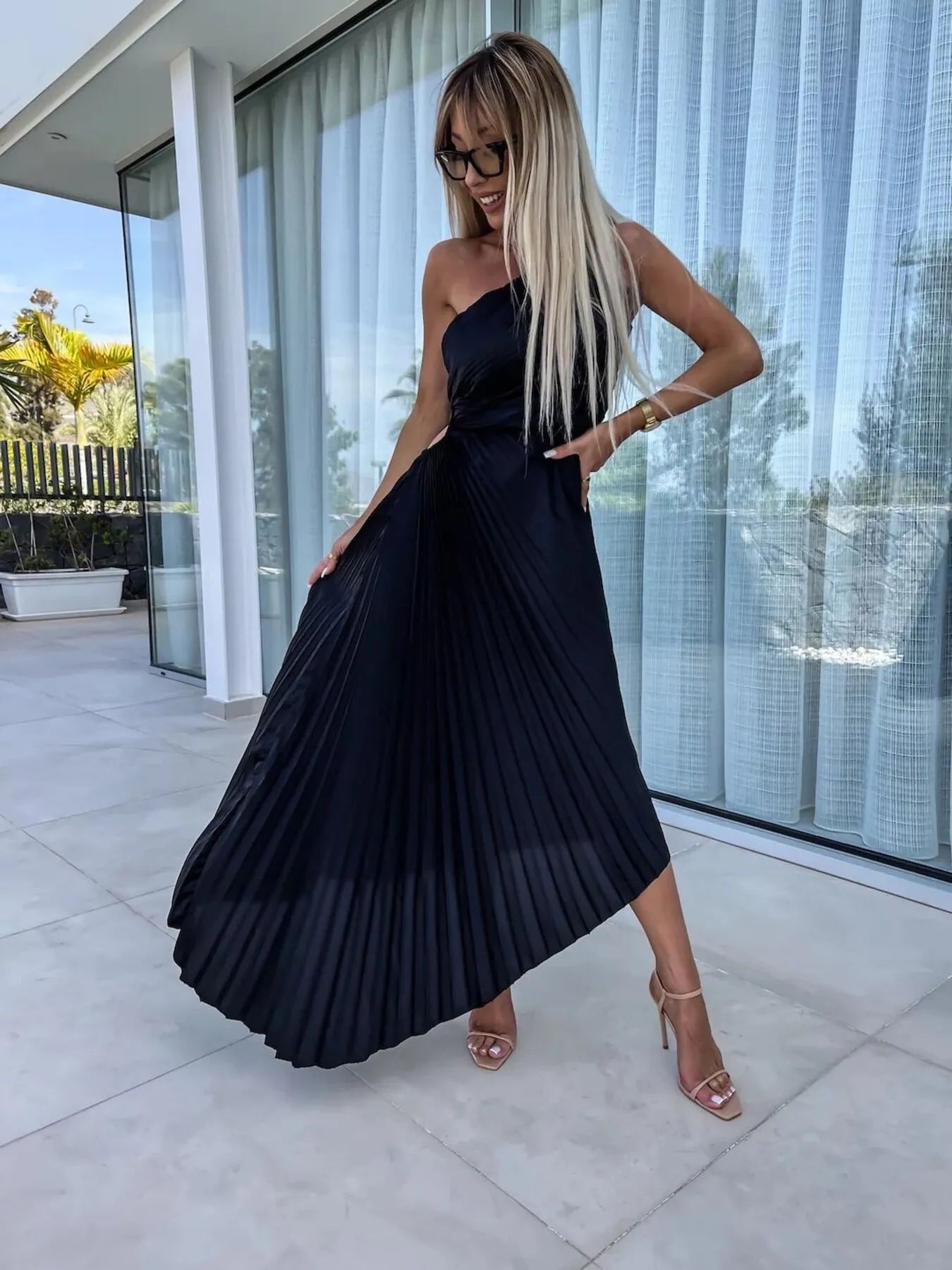 Full Size Single Shoulder Pleated Midi Dress Plus Size - Blushé Belle