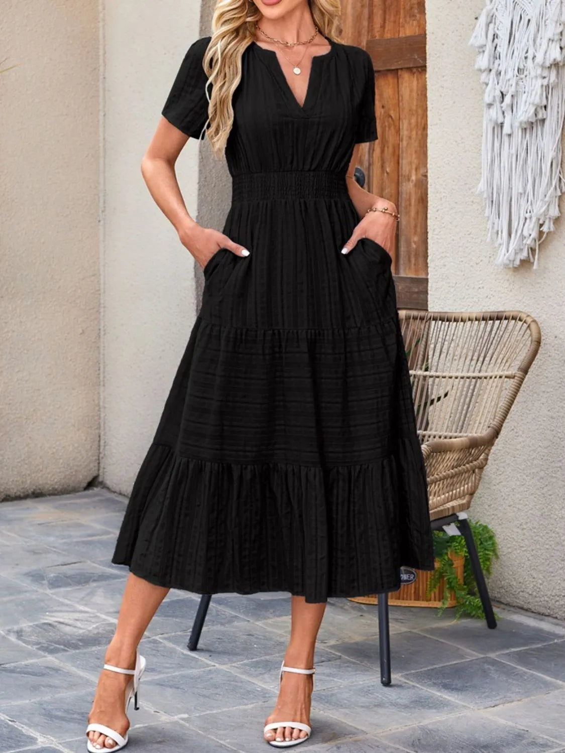 Tiered Notched Short Sleeve Dress - Blushé Belle