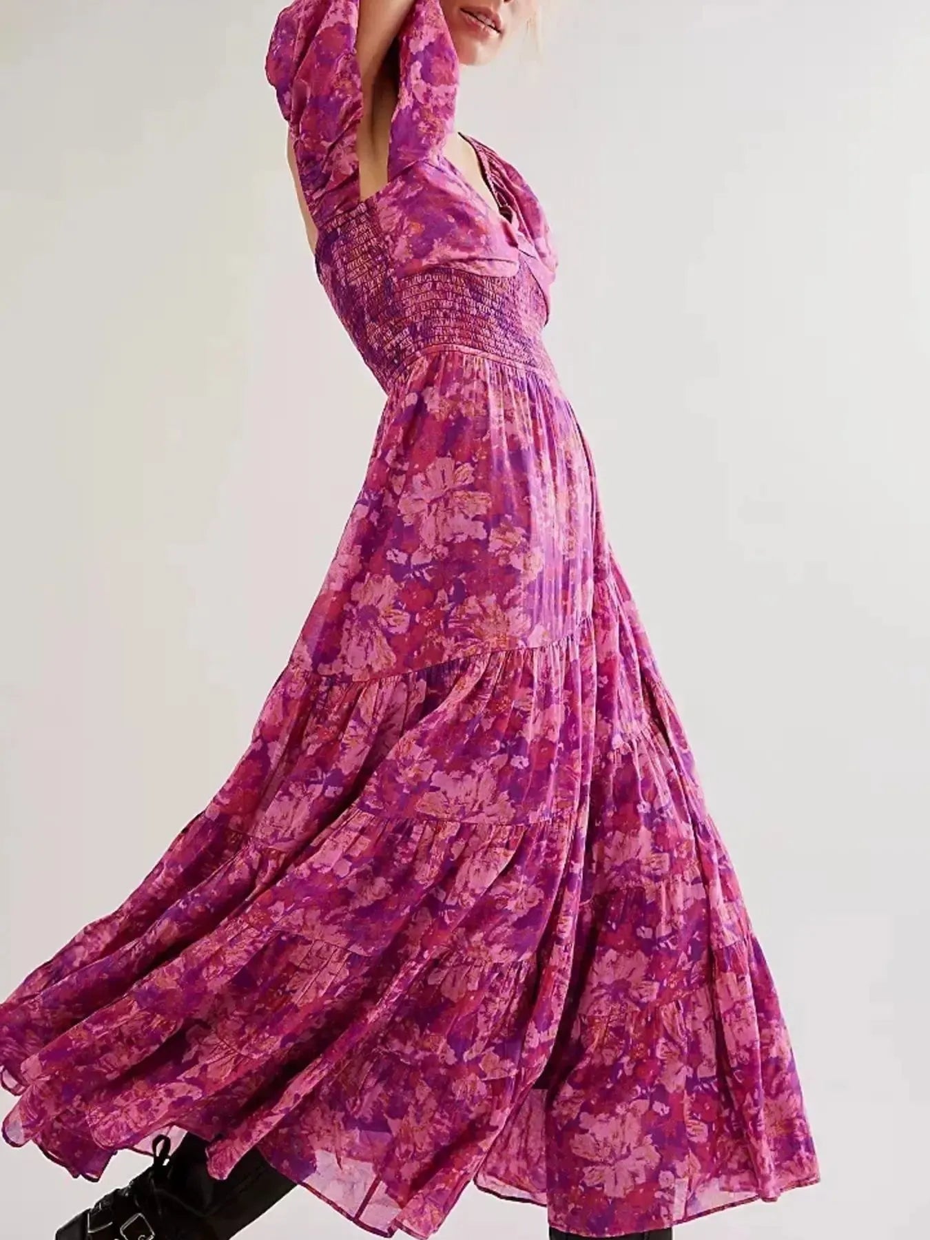 Printed Sweetheart Neck Puff Sleeve Maxi Dress - Blushé Belle