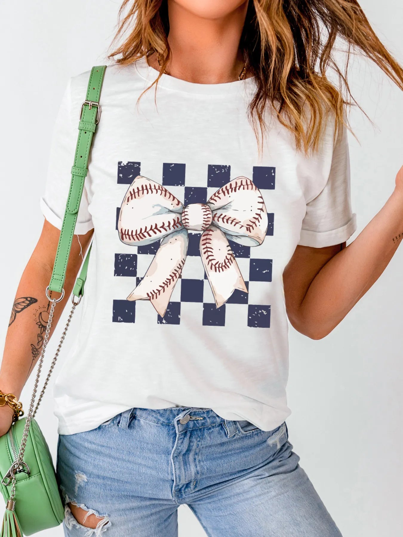Checkered Bowknot Graphic Crew Neck T Shirt - Blushé Belle
