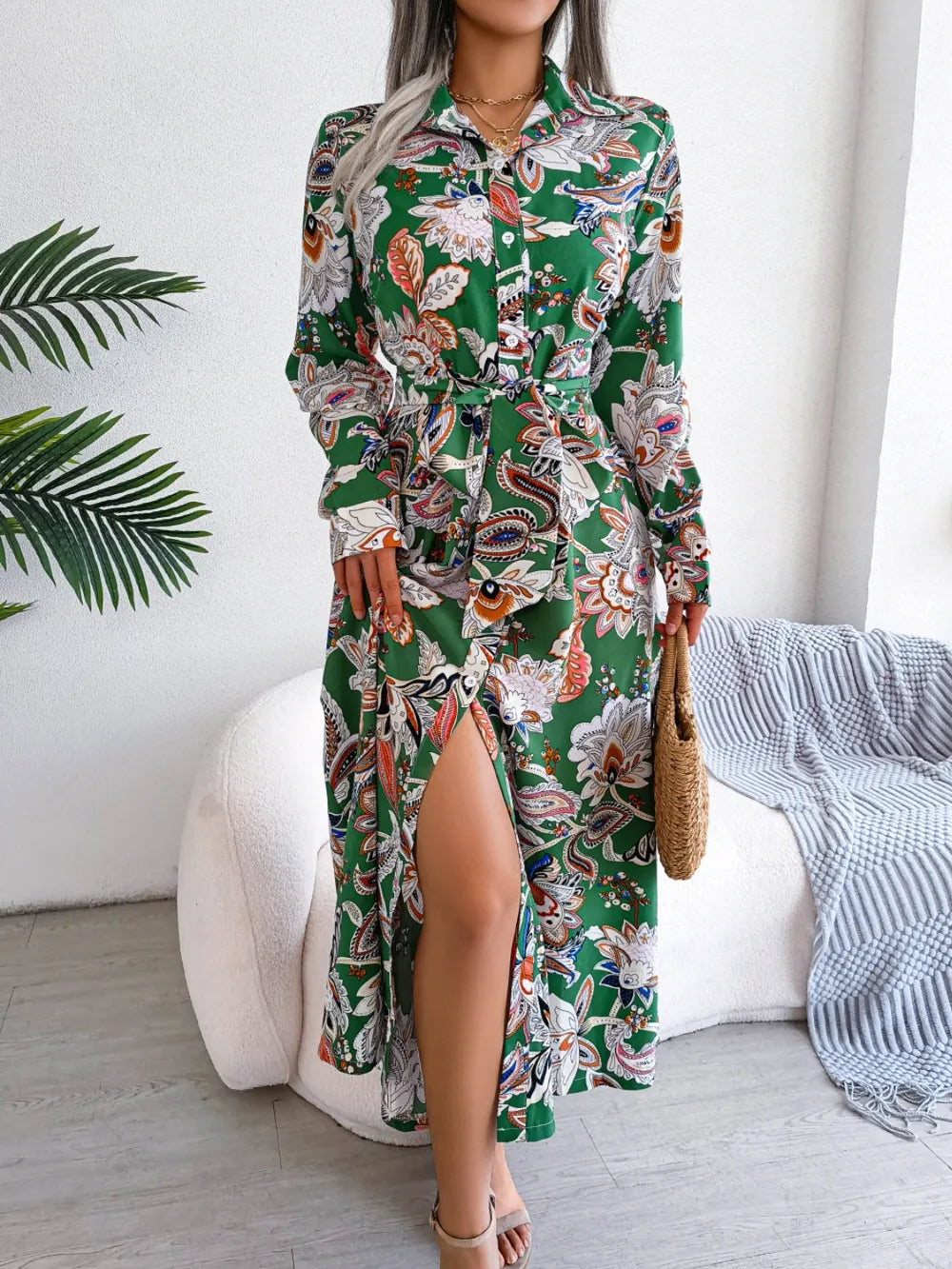 Tied Printed Long Sleeve Midi Dress - Blushé Belle