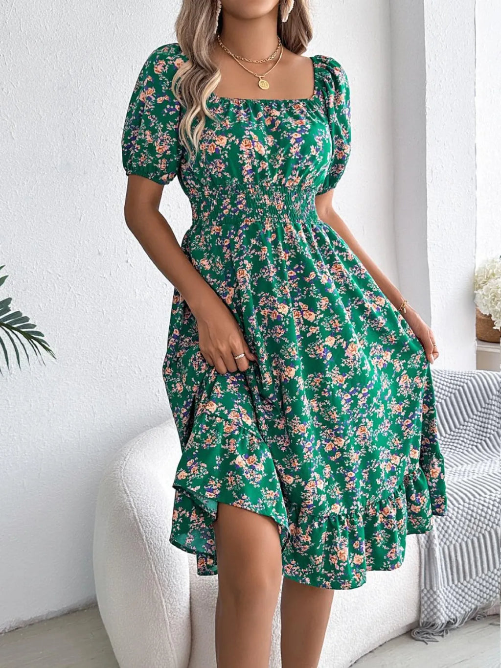 Ruffled Hem Floral Puff Sleeve Dress - Blushé Belle