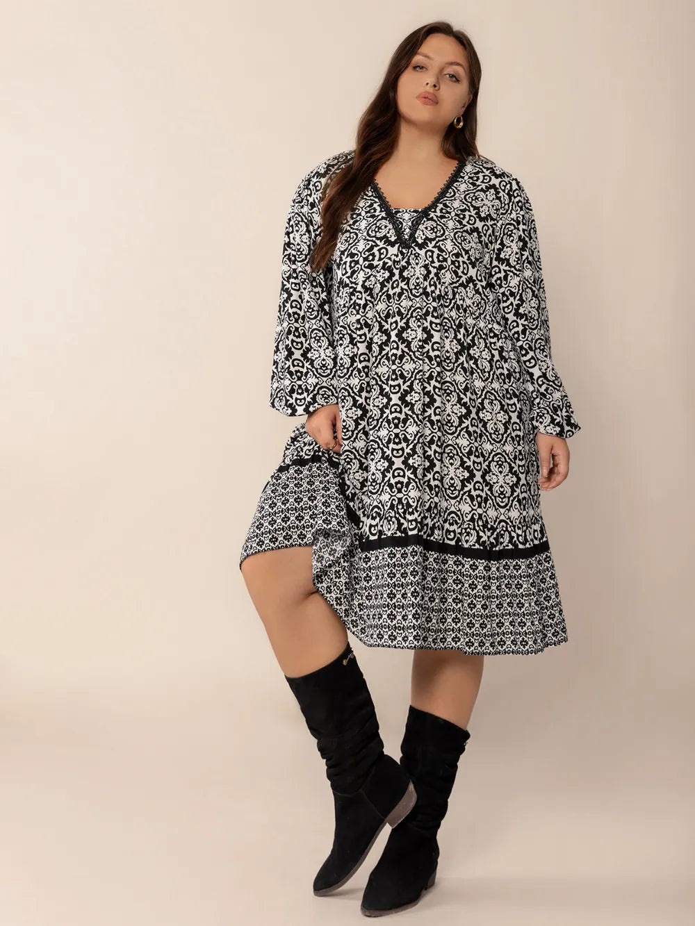 Plus Size Lace Detail Printed Balloon Sleeve Dress - Blushé Belle
