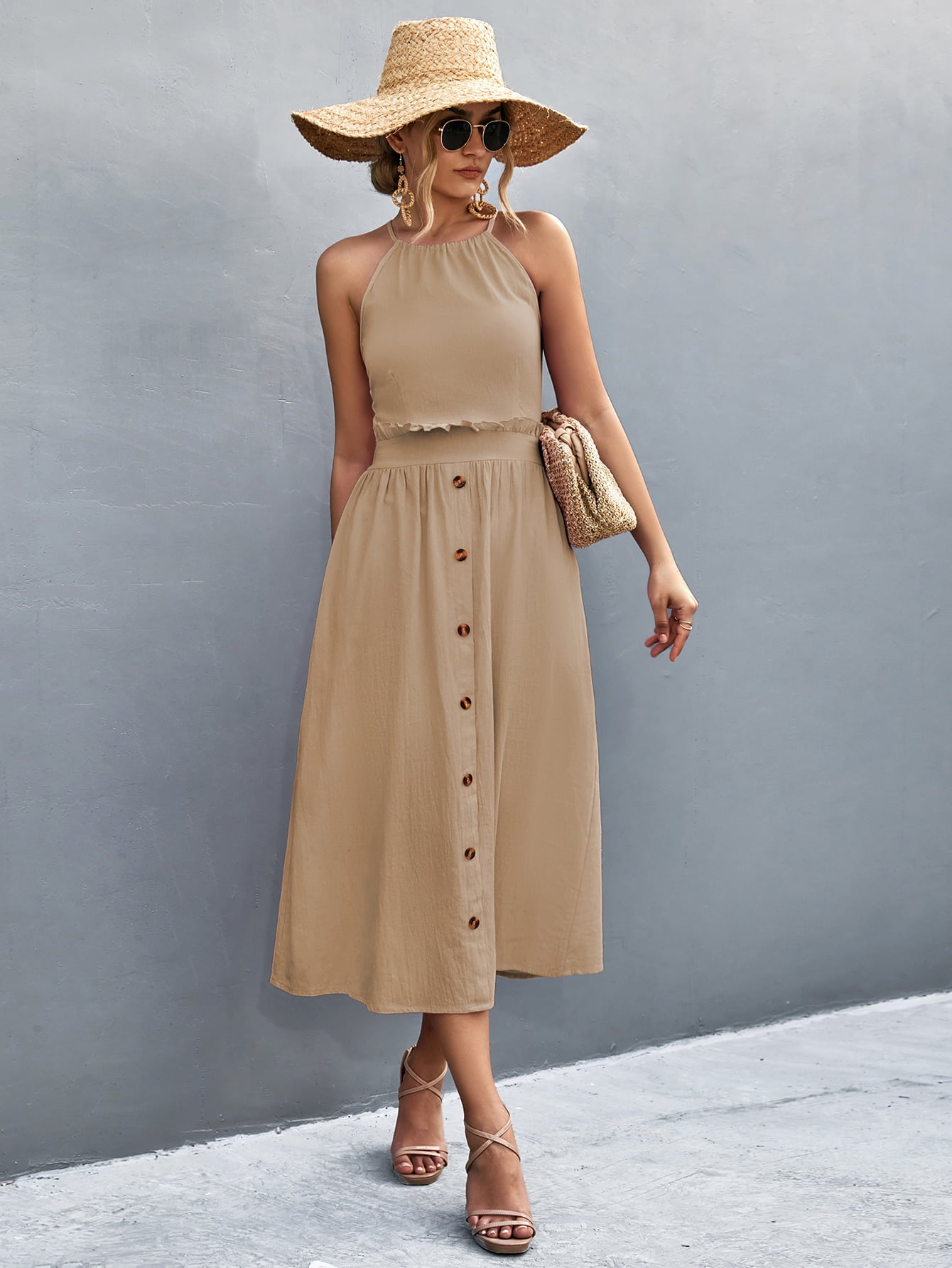 Buttoned Halter Neck Frill Trim Midi Dress - Blushé Belle