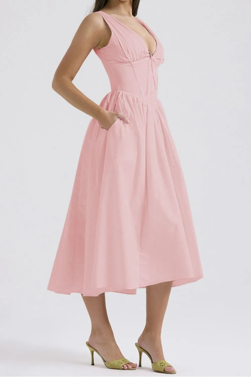 Ruched V-Neck Sleeveless Dress with Pockets - Blushé Belle