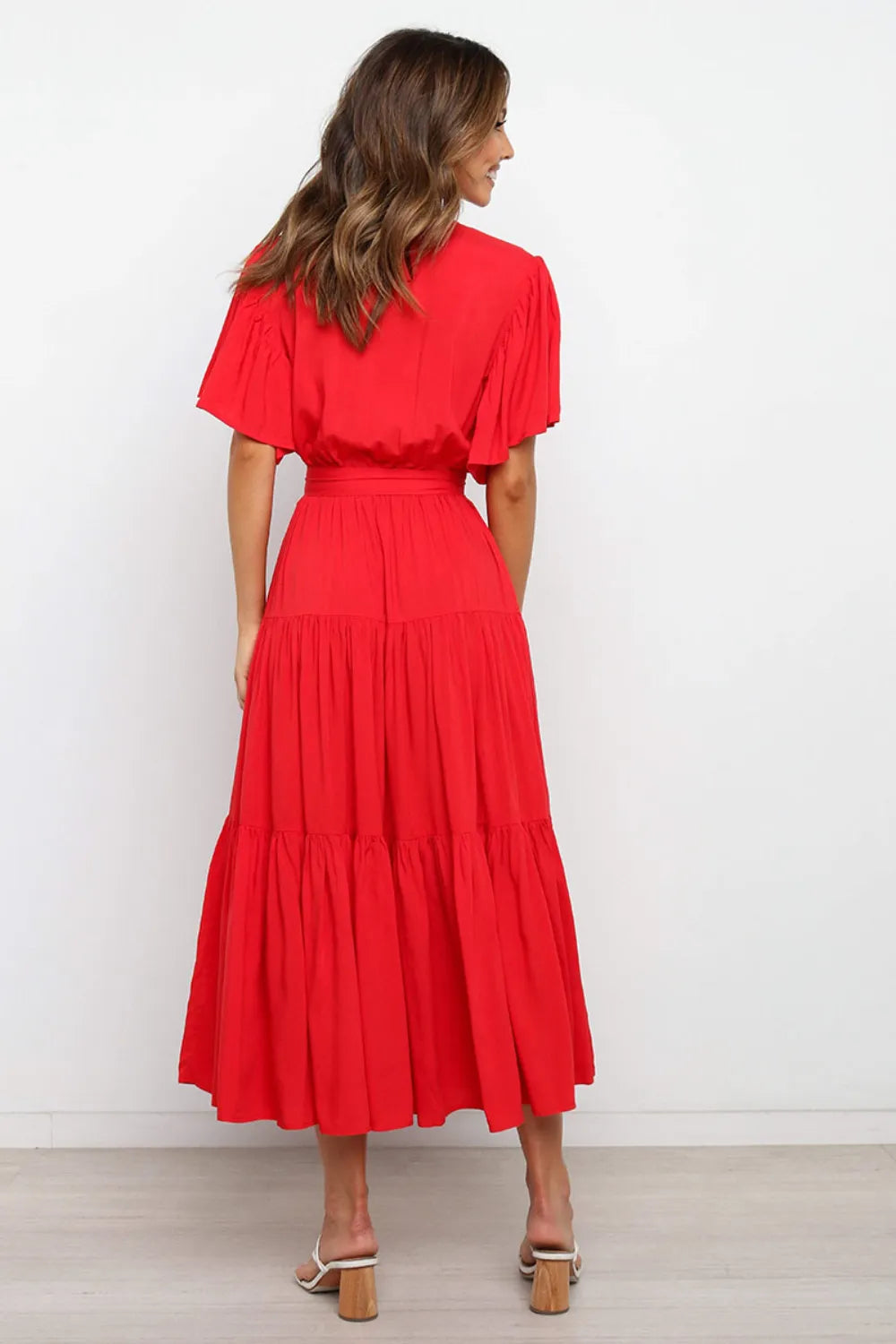 Front Tie Short Sleeve Tiered Midi Dress - Blushé Belle