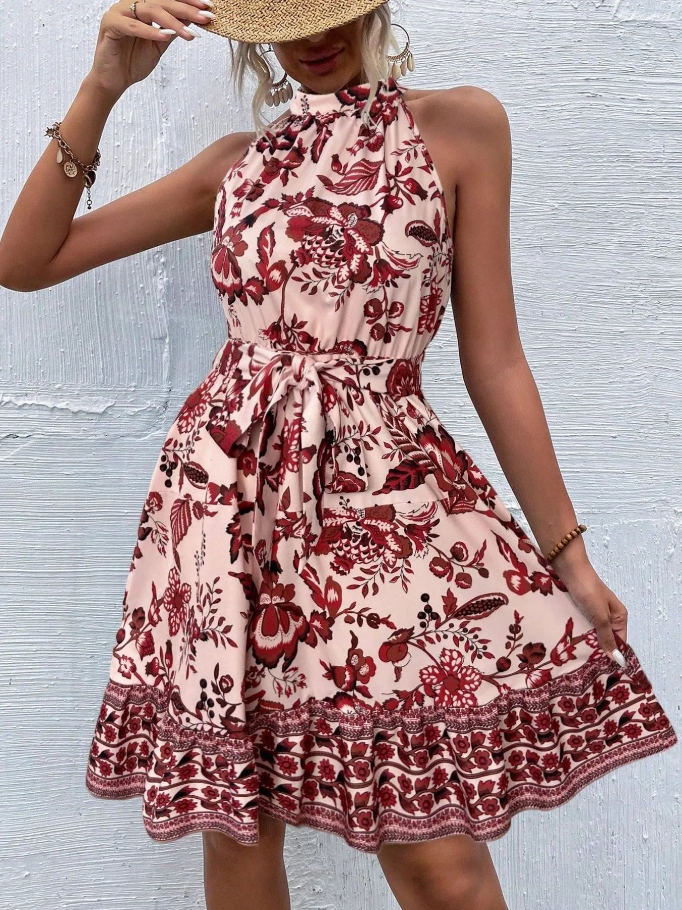 Floral Halter Neck Summer Dress with Belt - Blushé Belle