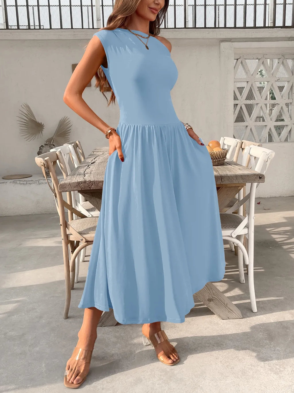 Single Shoulder Midi Dress with Pockets - Blushé Belle