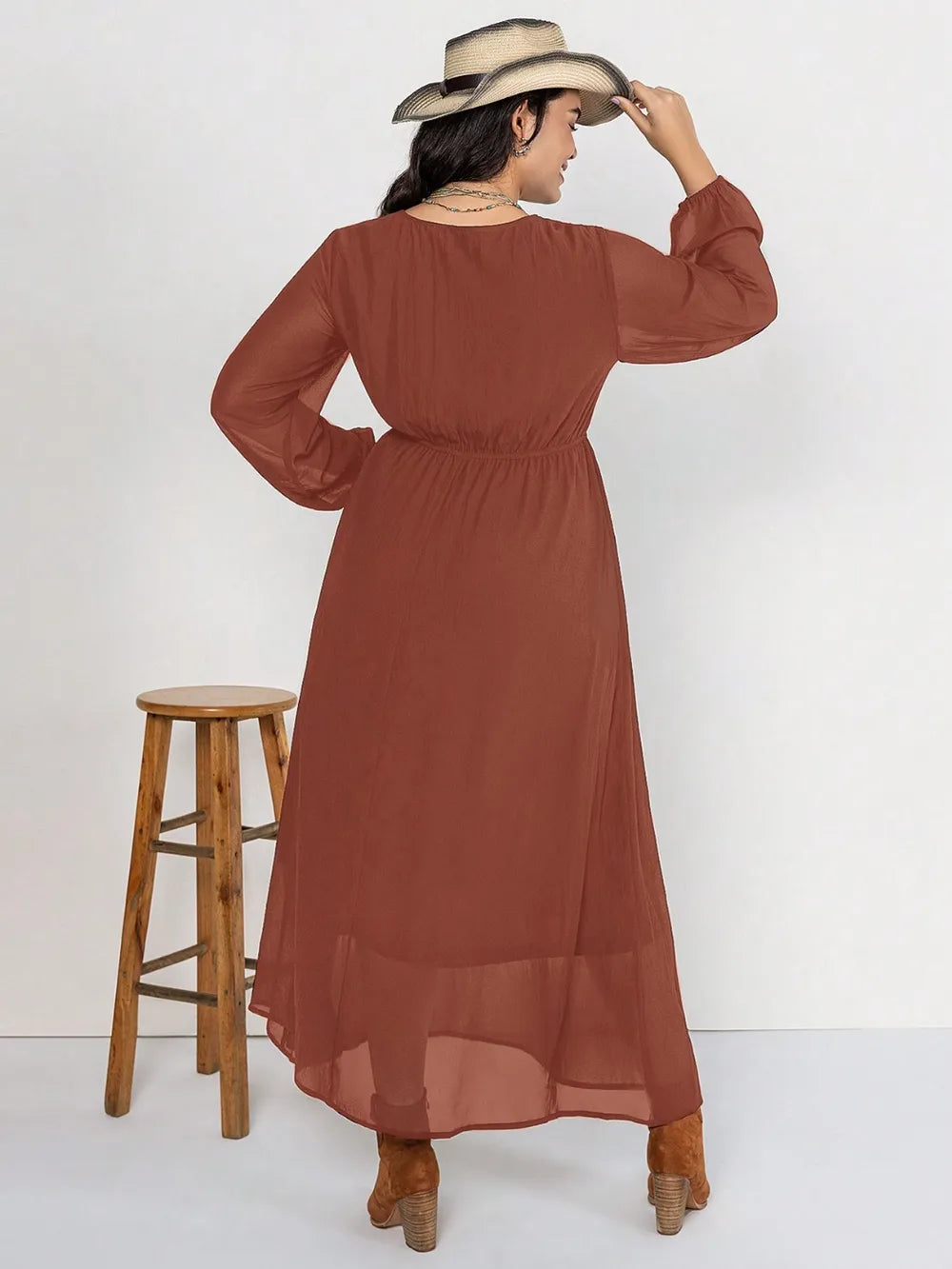 Plus Size Embroidered Tie Neck Long Sleeve Dress - Blushé Belle