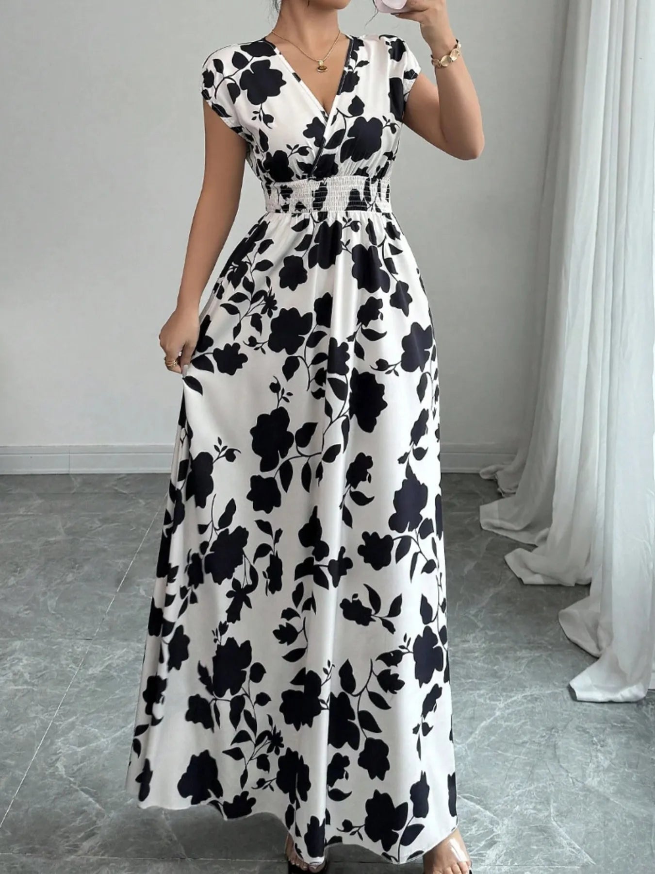 Printed Surplice Cap Sleeve Maxi Dress - Blushé Belle