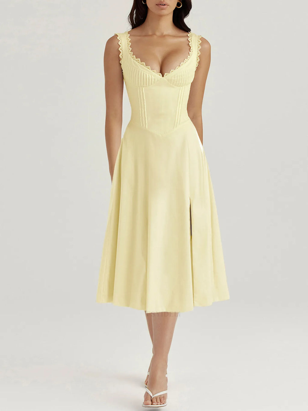 Scalloped V-Neck Midi Dress with Back Lace-Up - Blushé Belle