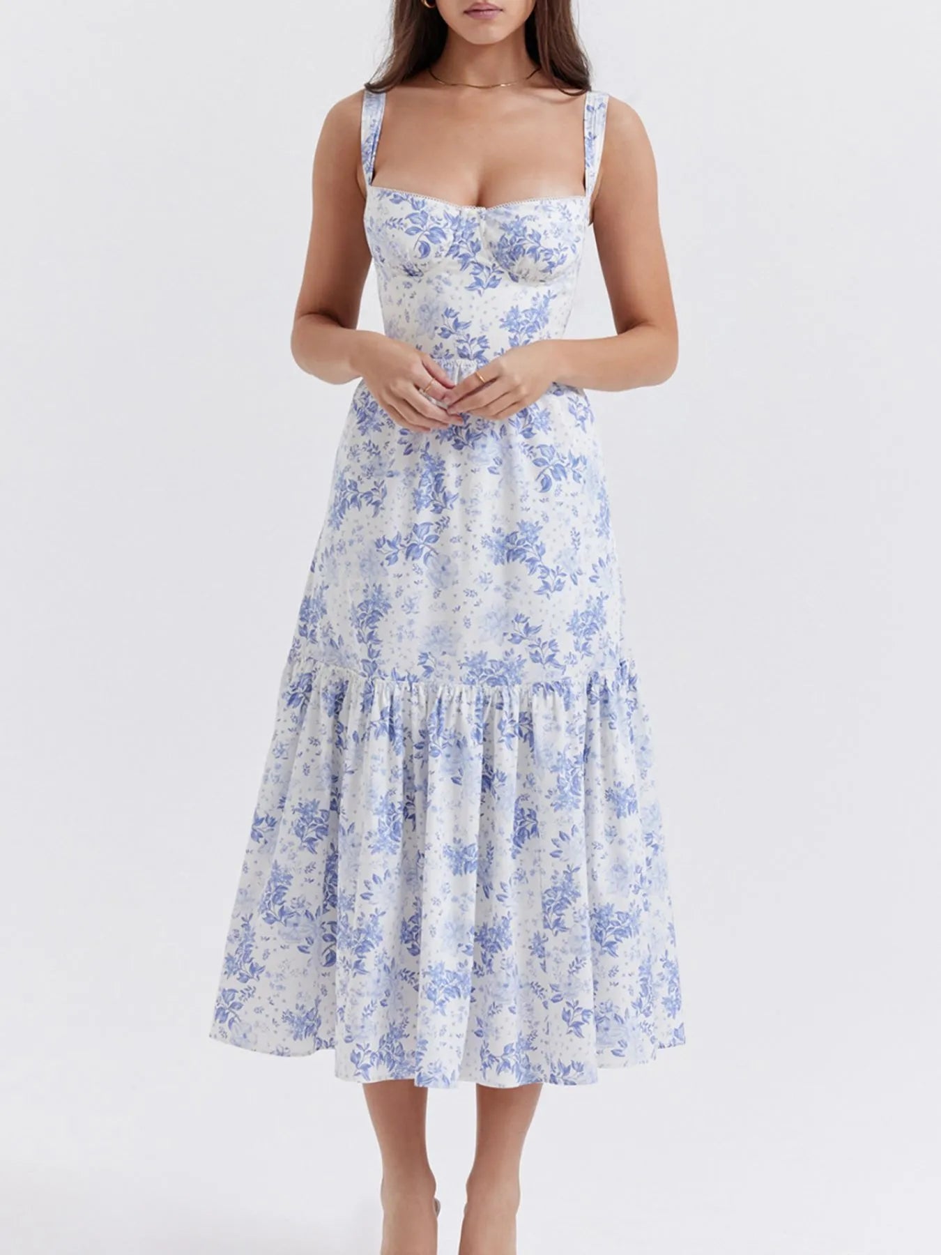 Floral Print Sweetheart Neck Midi Dress - Blushé Belle