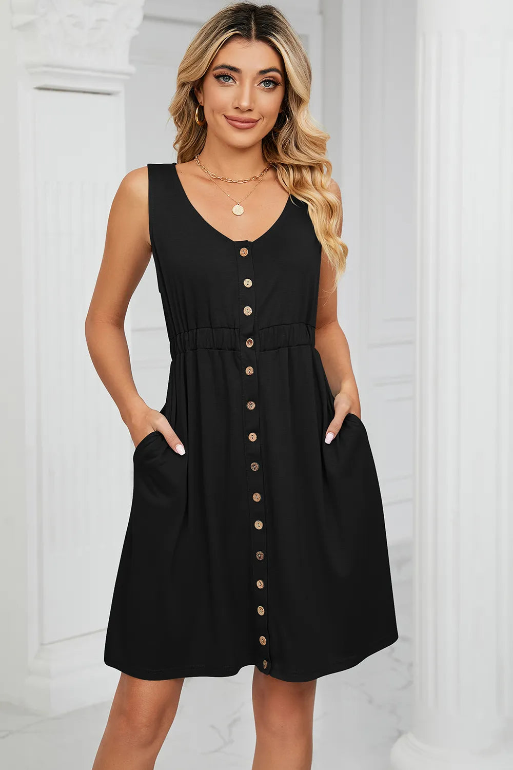 Buttoned Wide Strap Mini Dress - Blushé Belle