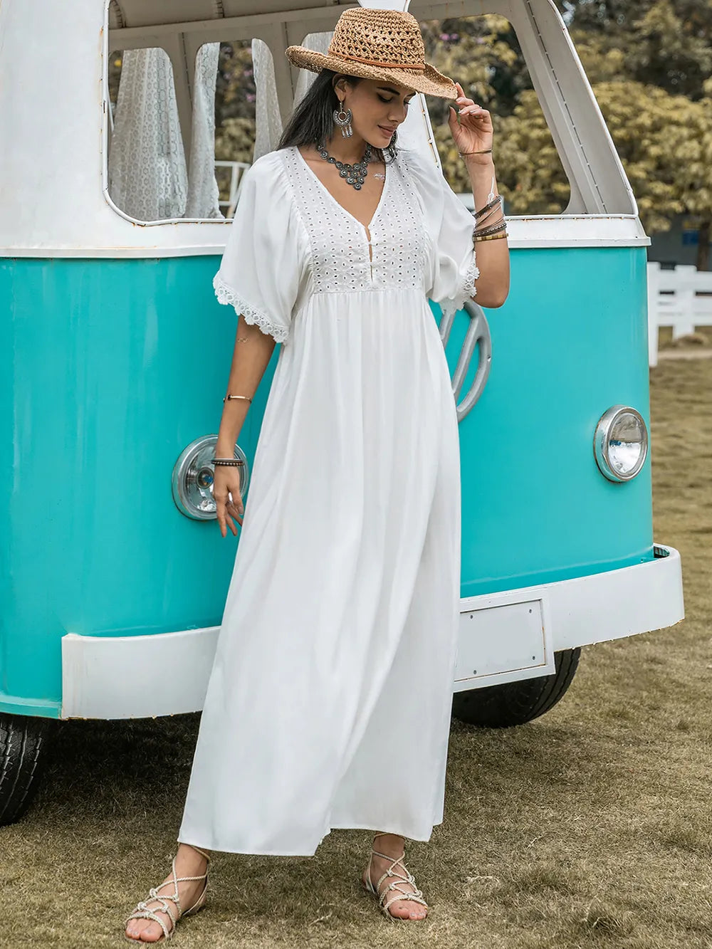 Lace Detail Eyelet V-Neck Half Sleeve Dress - Blushé Belle