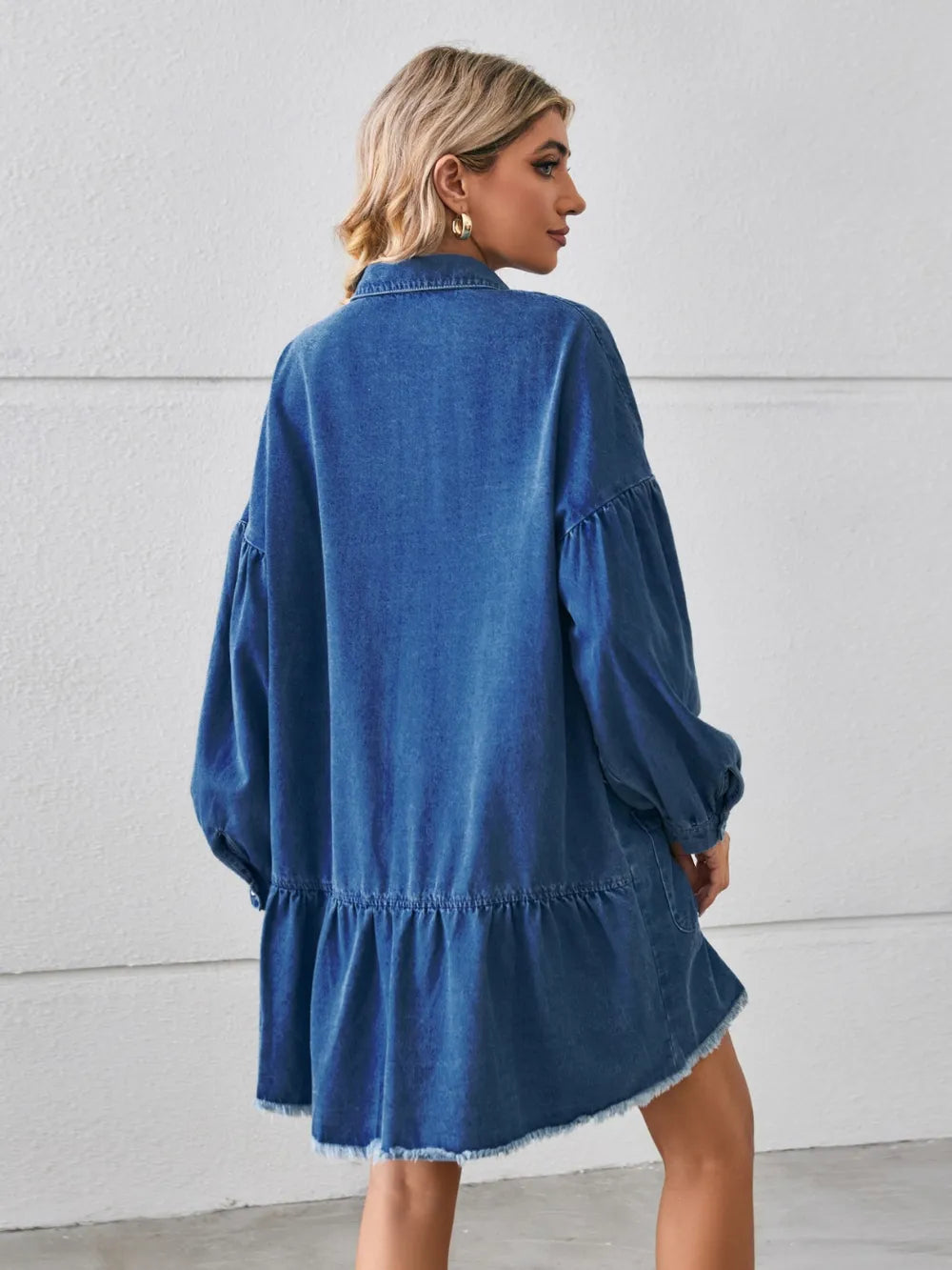 Button Up Pocketed Raw Hem Denim Dress - Blushé Belle