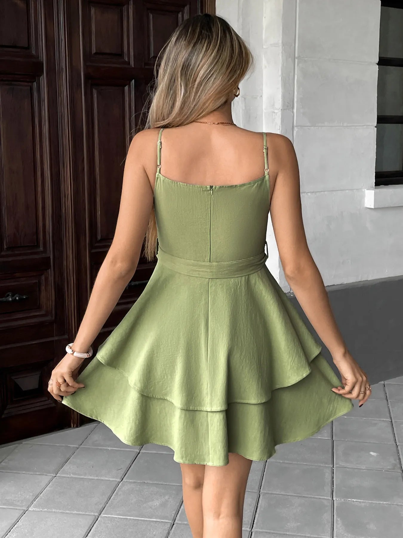 Ruffle Layered Cami Mini Dress with Bow Belt - Blushé Belle