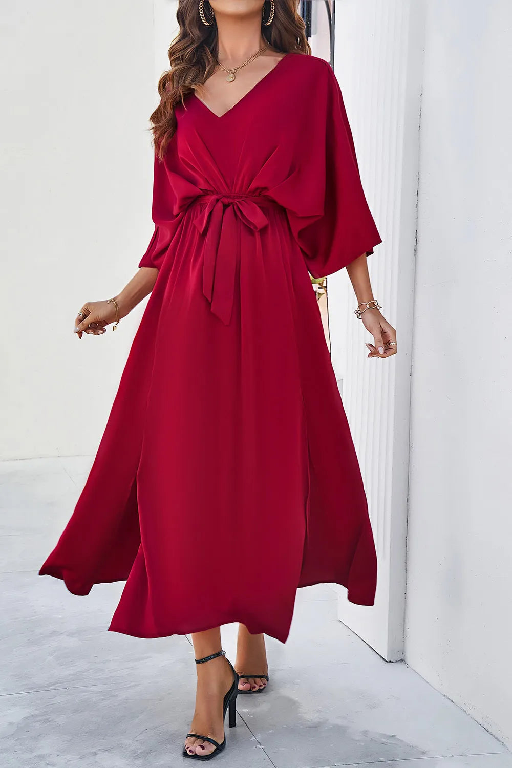 Devine Slit Tied V-Neck Three-Quarter Sleeve Dress - Blushé Belle