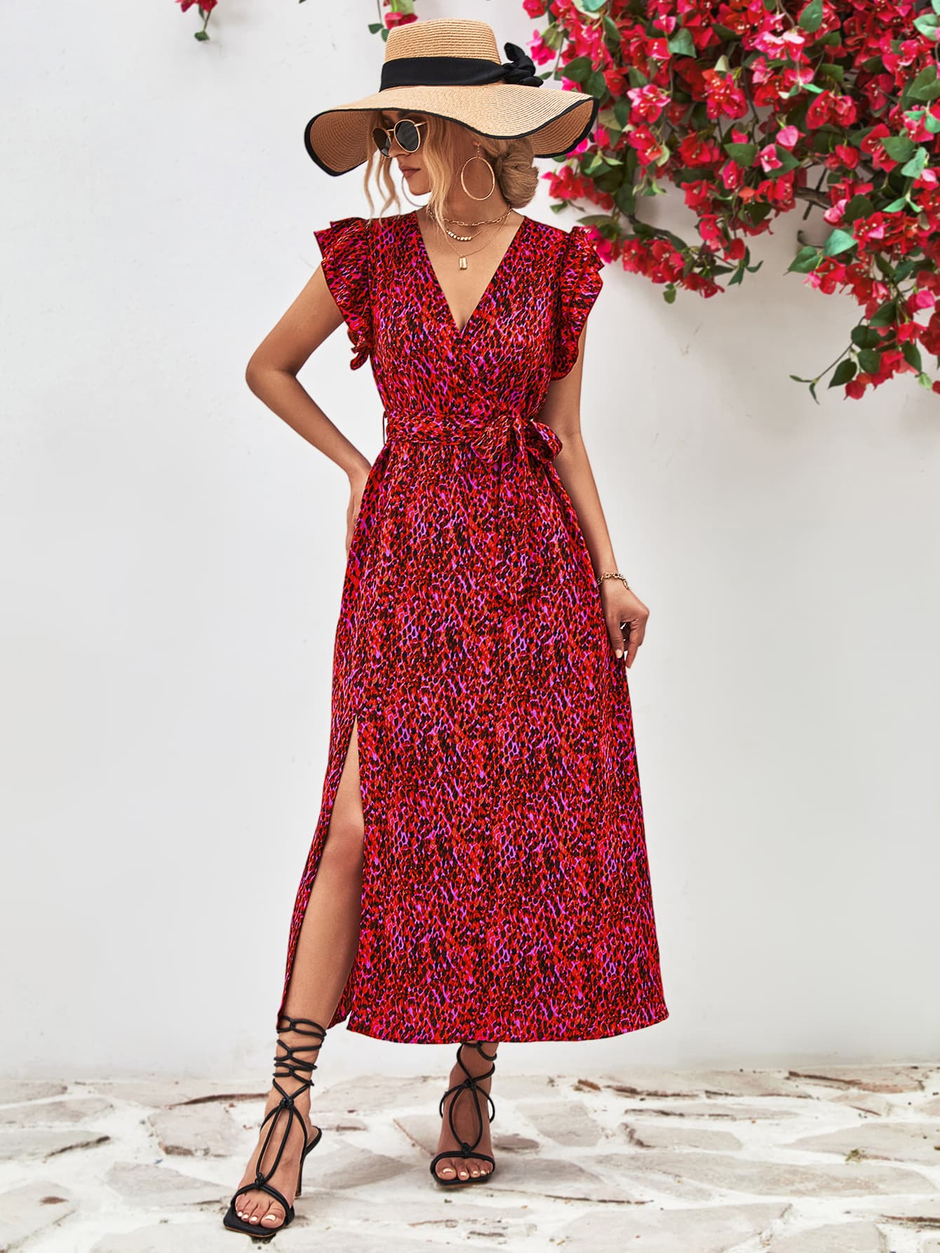 Printed Surplice Neck Flutter Sleeve Slit Dress - Blushé Belle