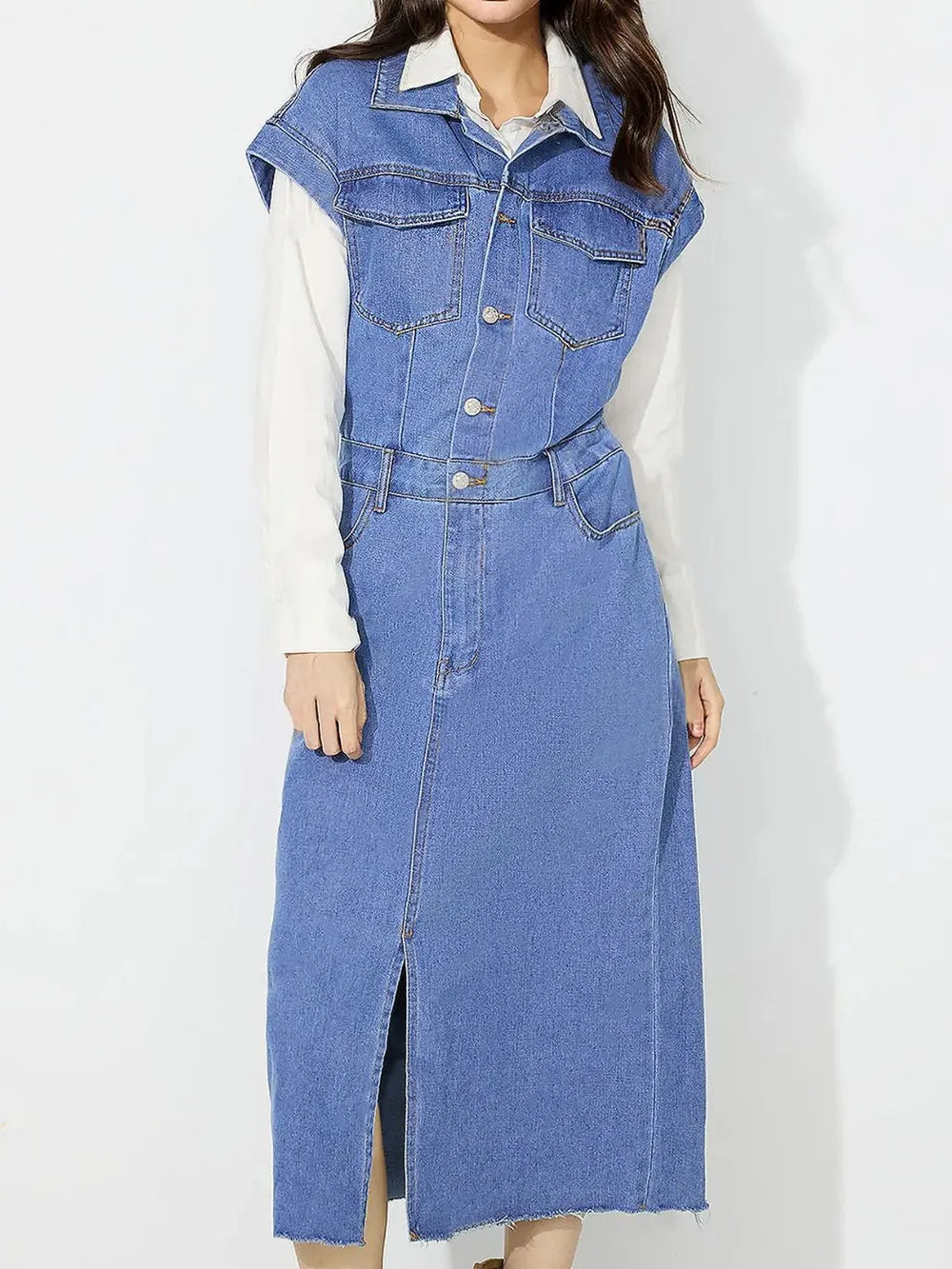 Slit Half Button Collared Neck Cap Sleeve Denim Dress - Blushé Belle