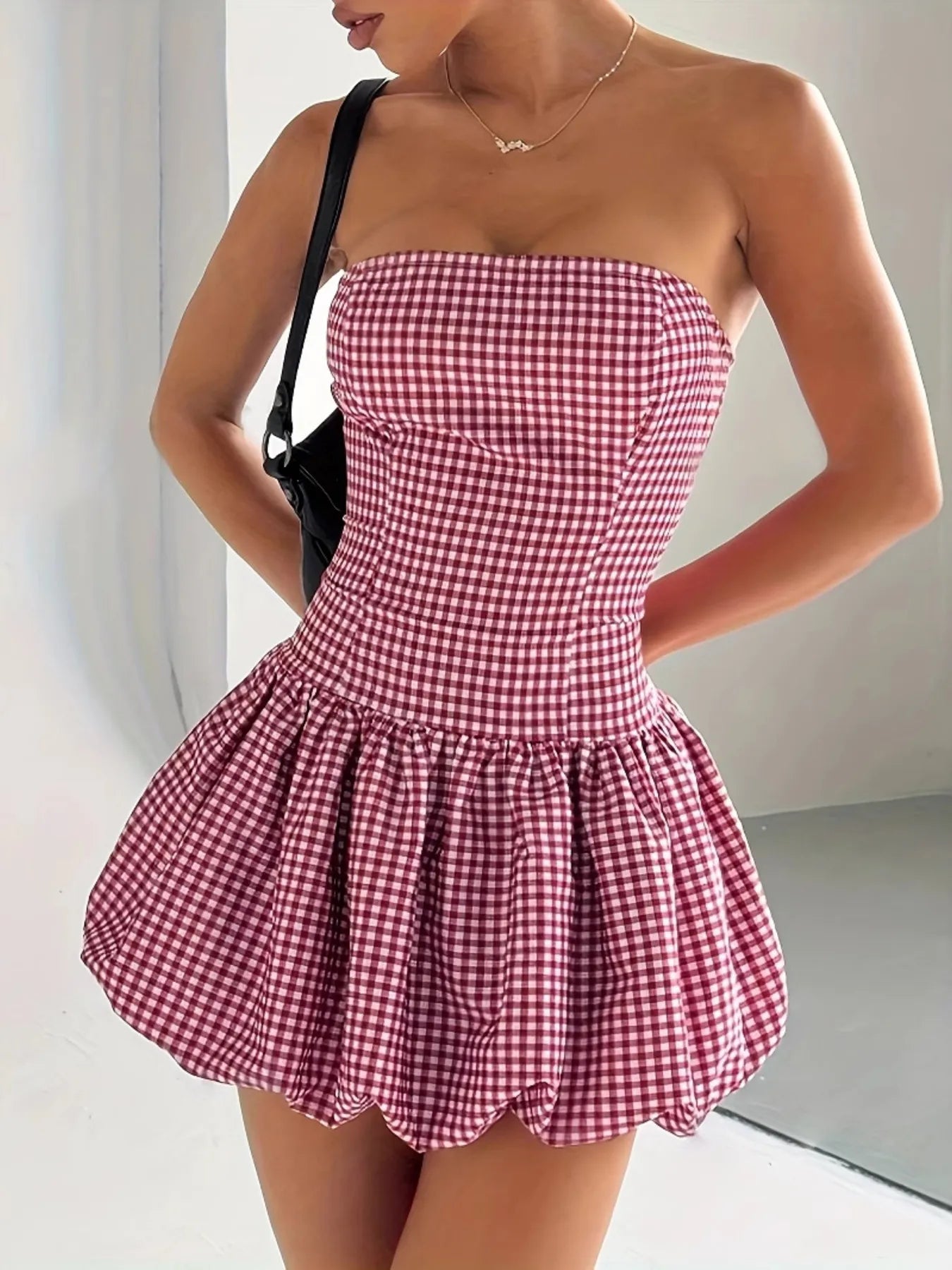 Gingham Tube Bubble Hem Mini Dress - Blushé Belle