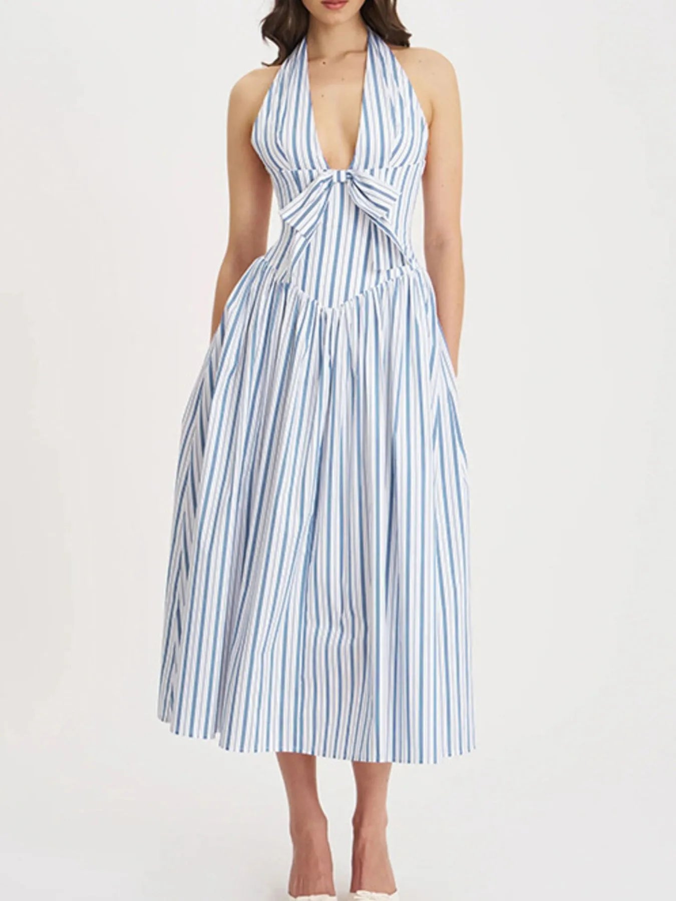 Striped Halter Neck Midi Dress with Tie Front Detail - Blushé Belle