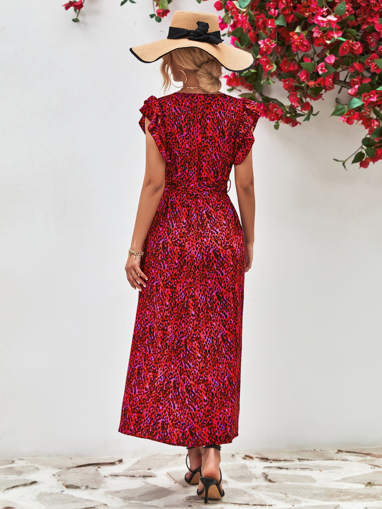 Printed Surplice Neck Flutter Sleeve Slit Dress - Blushé Belle