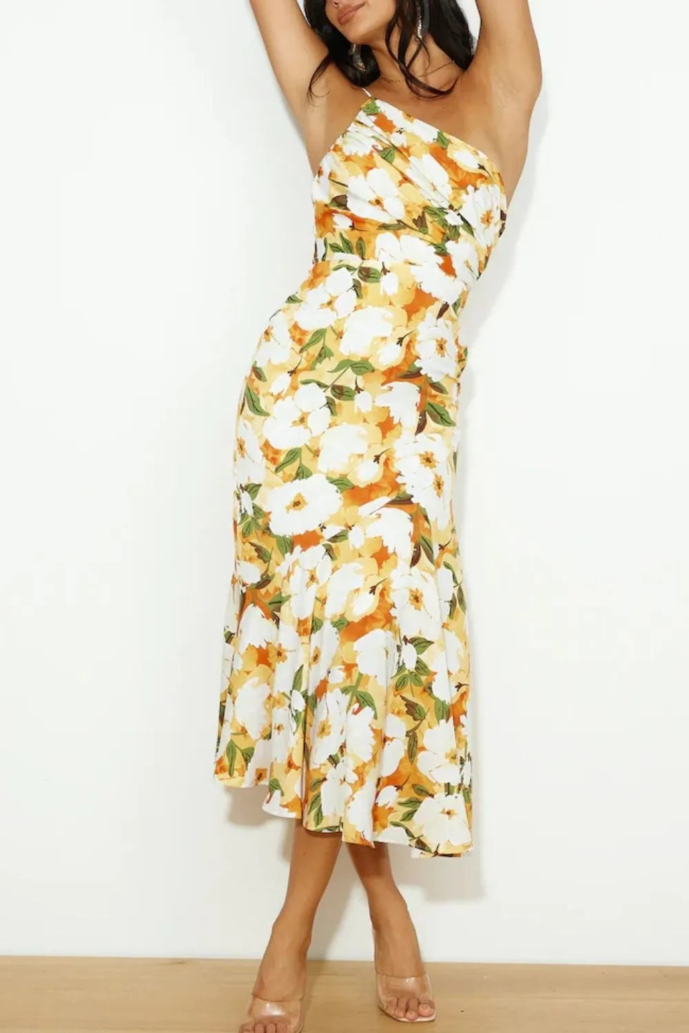 Ruched Printed Single Shoulder Midi Dress - Blushé Belle