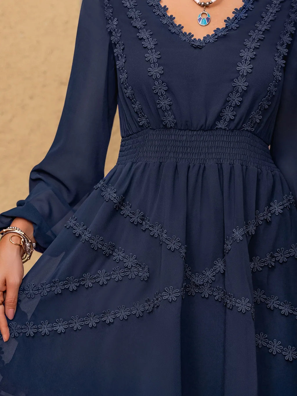 Lace Detail V-Neck Balloon Sleeve Mini Dress - Blushé Belle