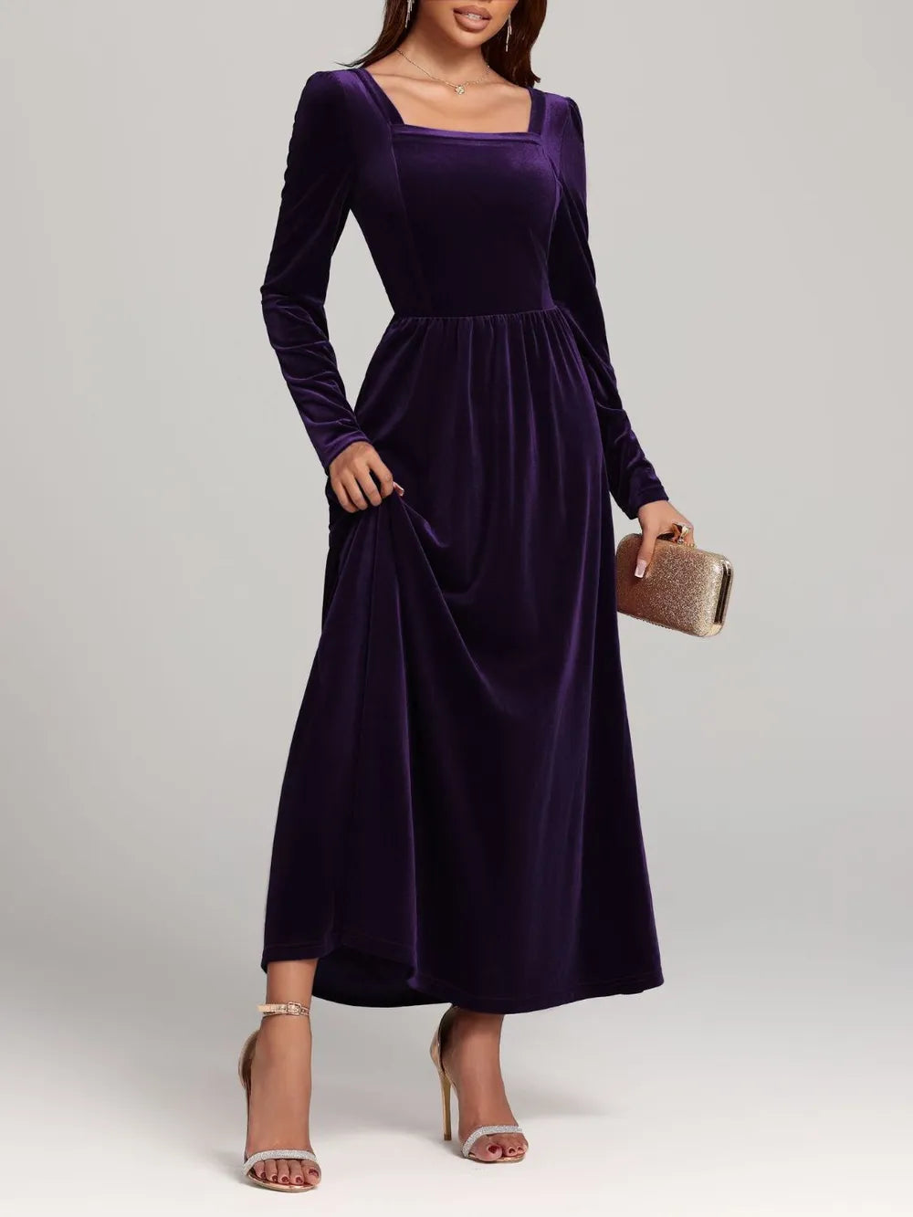 Velvet Square Neck Long Sleeve Dress - Blushé Belle