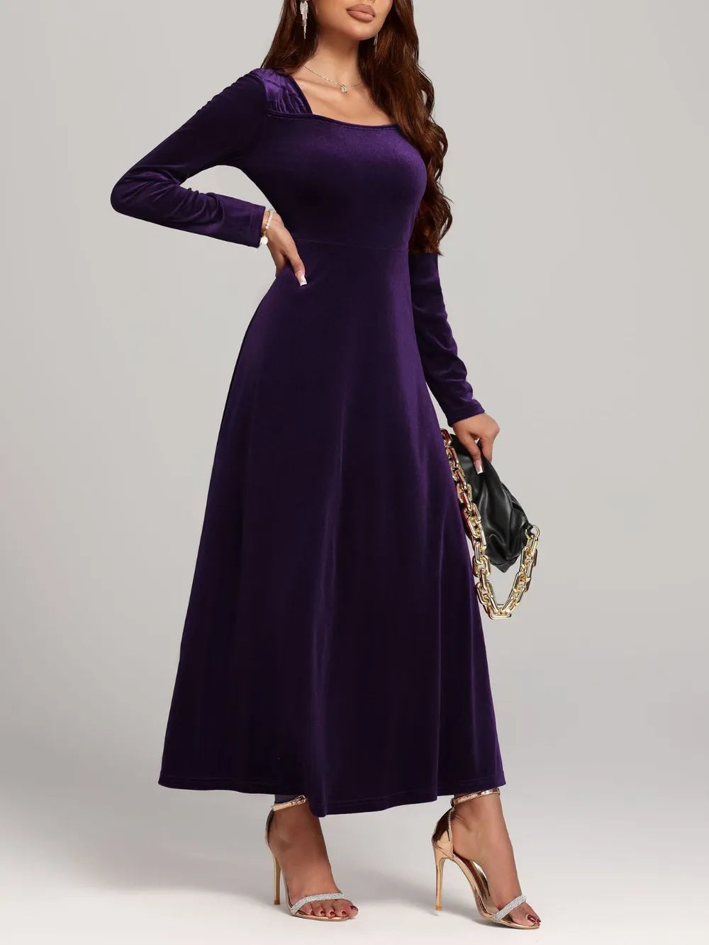 Square Neck Long Sleeve Velvet Dress - Blushé Belle