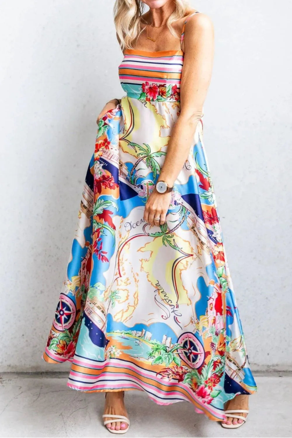 Smocked Back Printed Square Neck Maxi Cami Dress with Pockets - Blushé Belle