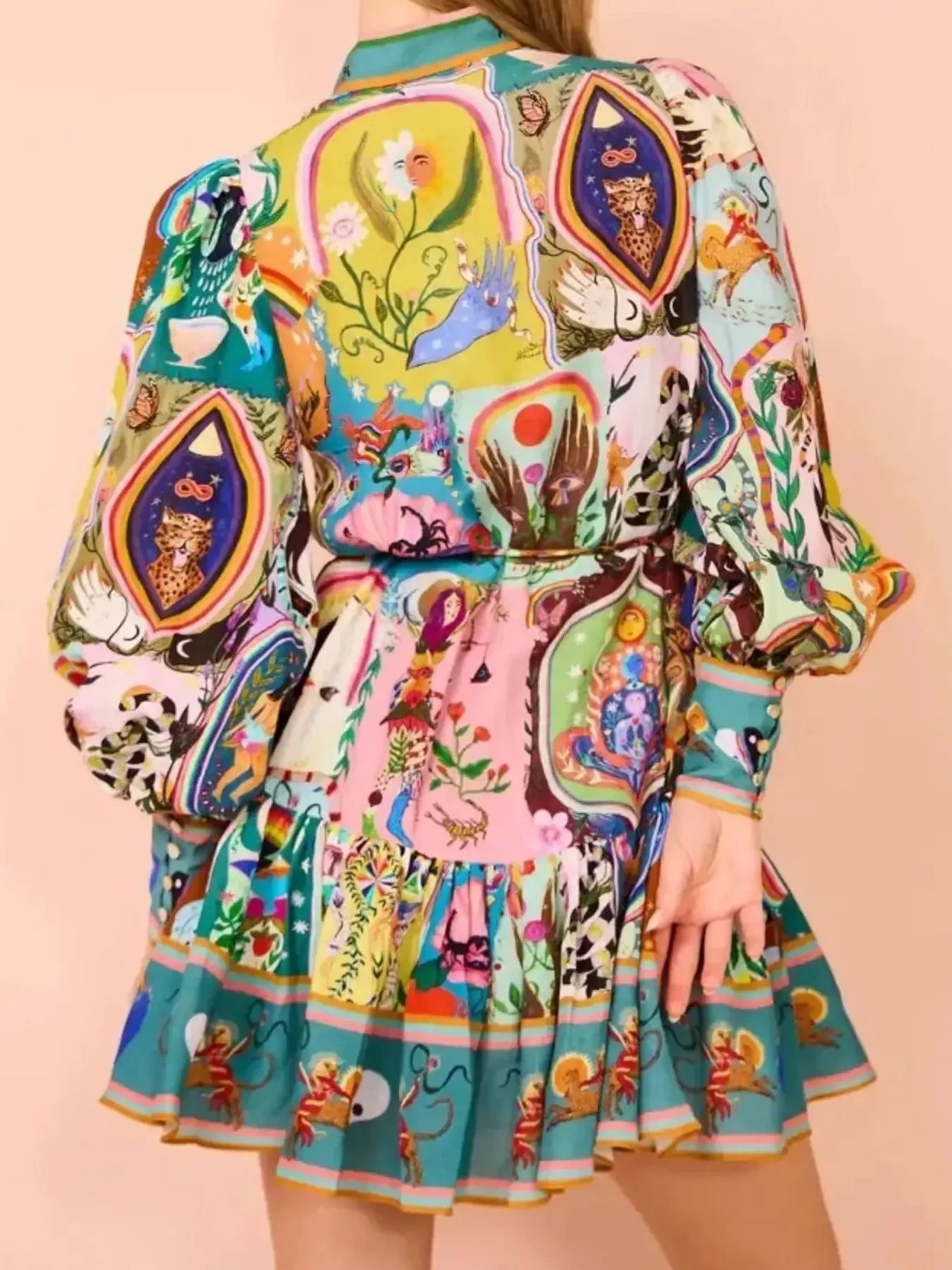 Printed Long Sleeve Mini Dress with Belt - Blushé Belle