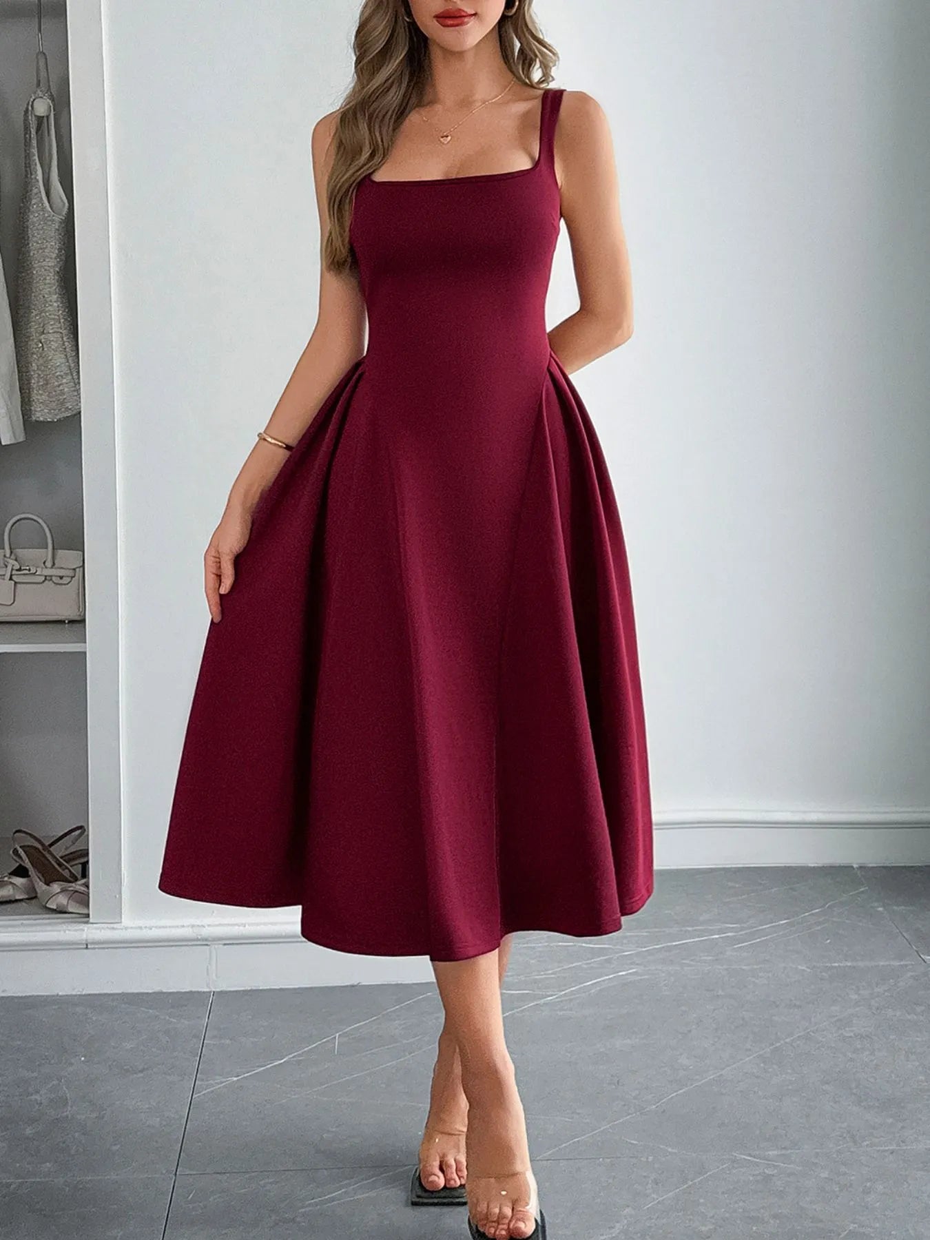 Square Neck Wide Strap Midi Dress - Blushé Belle