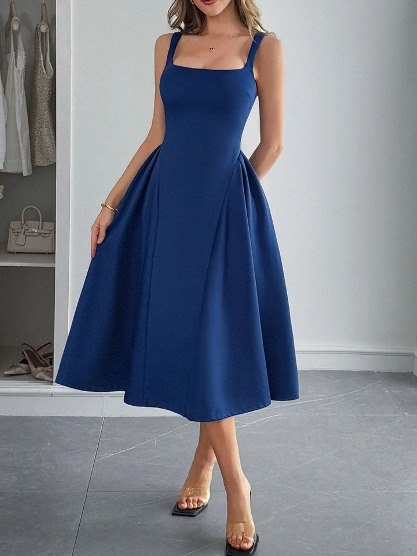 Square Neck Wide Strap Midi Dress - Blushé Belle