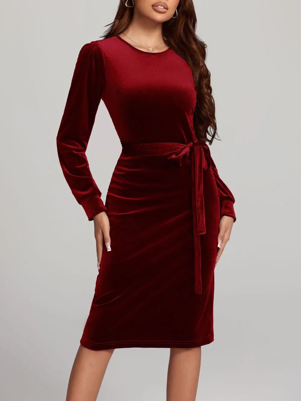 Round Neck Tie Waist Long Sleeve Velvet Dress - Blushé Belle