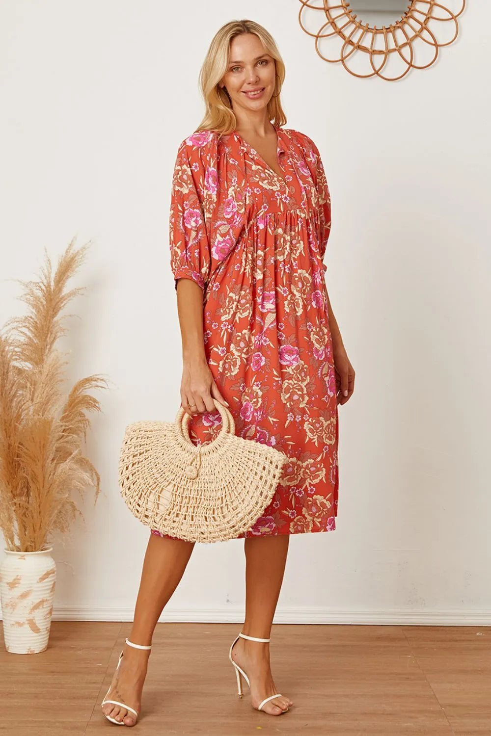 Floral Tie Neck Half Sleeve Dress - Blushé Belle